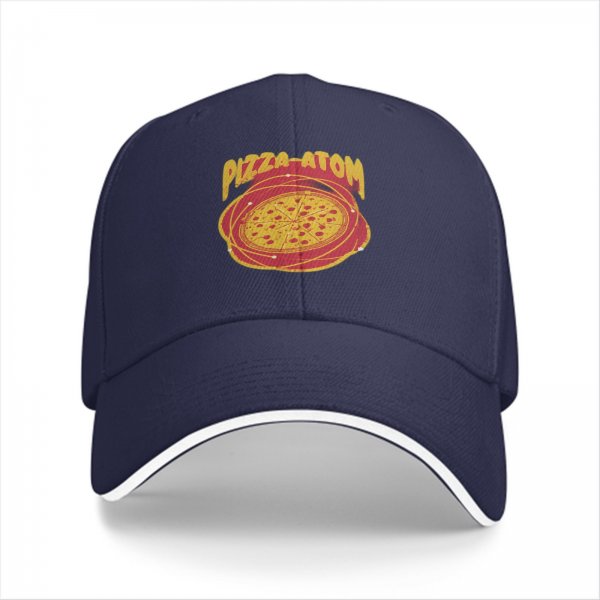 Black baseball cap with pizza atom graphic and text