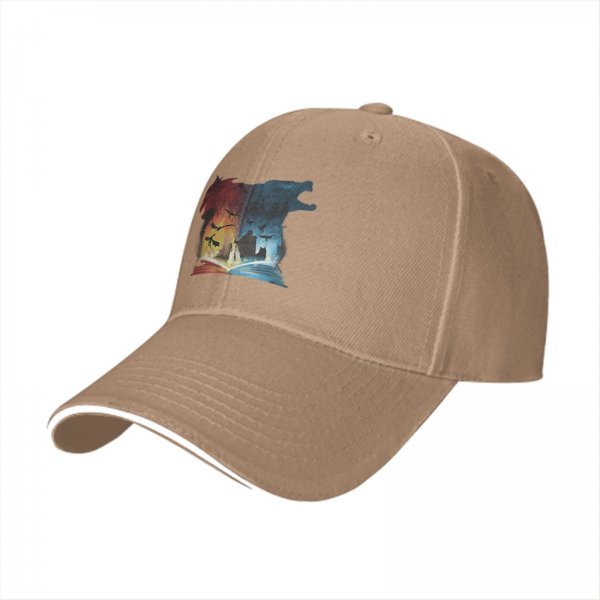 Black baseball cap with fantasy dragon and wolf open book graphic