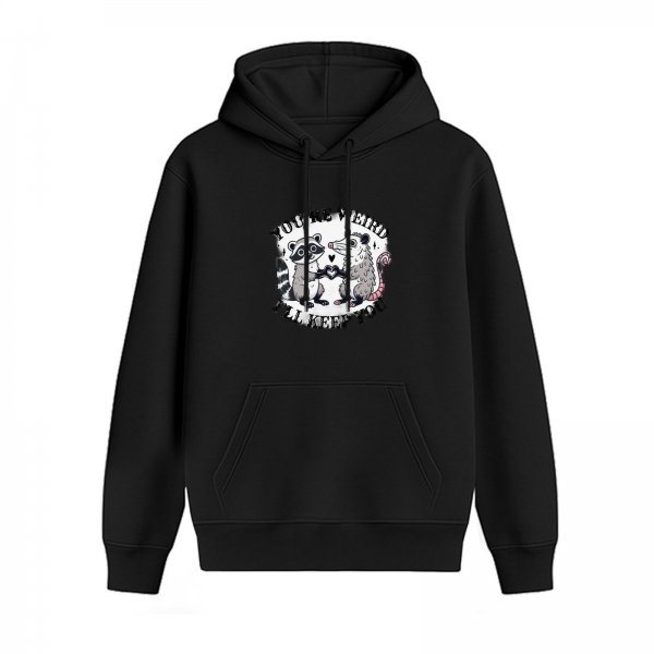 Black hoodie with raccoon and opossum heart graphic and funny text