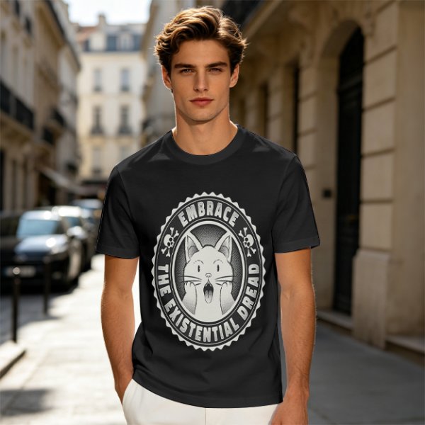 Olive t-shirt with 'Embrace the Existential Dread' screaming cat graphic