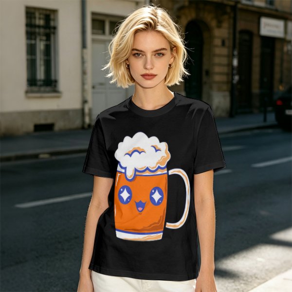 Olive T-Shirt With Cute Kawaii Beer Mug Graphic
