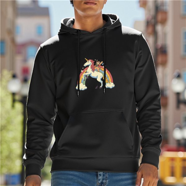 Black Hoodie With Unicorn And Rainbow Graphic Print