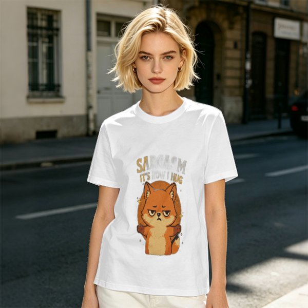 Olive green t-shirt with grumpy fox offering a hug graphic