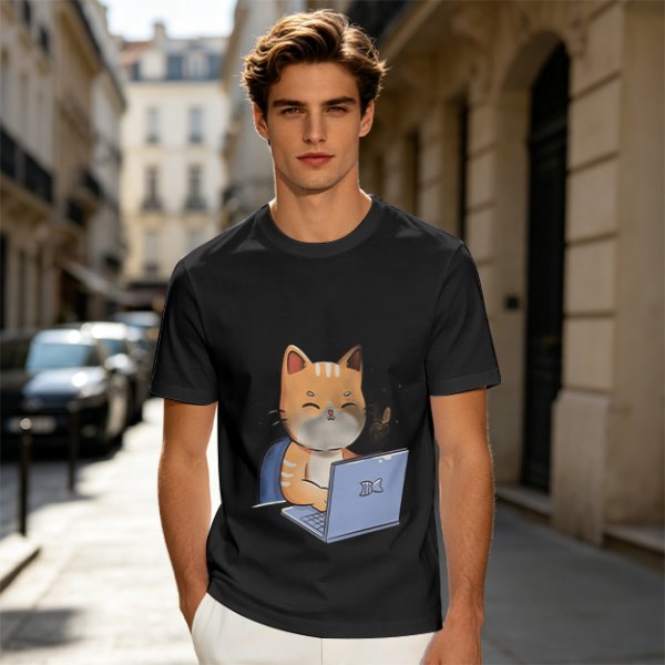 Olive T-Shirt With Cute Orange Cat Working On Laptop Print