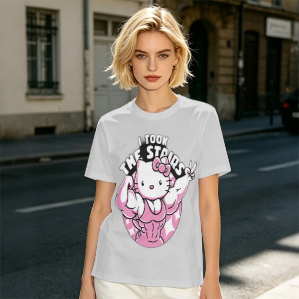 Olive t-shirt with muscular Hello Kitty graphic and 'I Took The Stairs' text