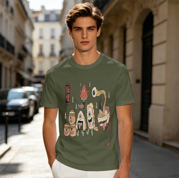 Olive T-Shirt with Japanese Food Monster Yokai Art Print