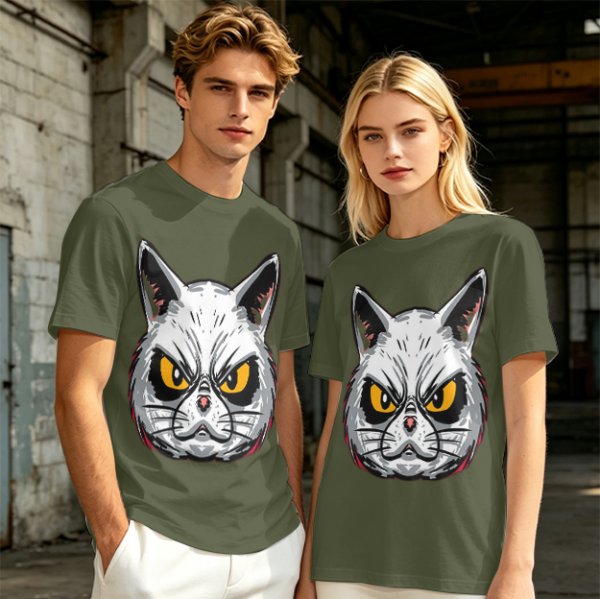Olive T-Shirt With Angry White Cat Face Graphic