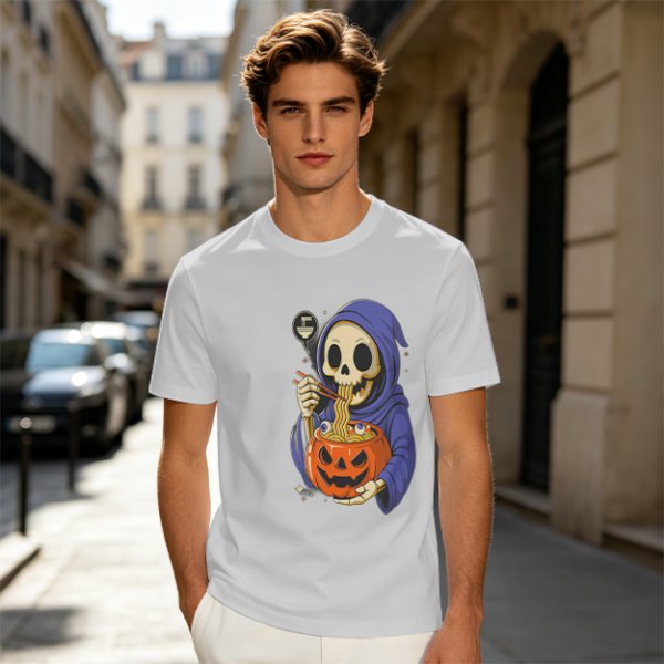 Grim Reaper Eating Ramen from Jack-o'-lantern Pumpkin Bowl T-Shirt