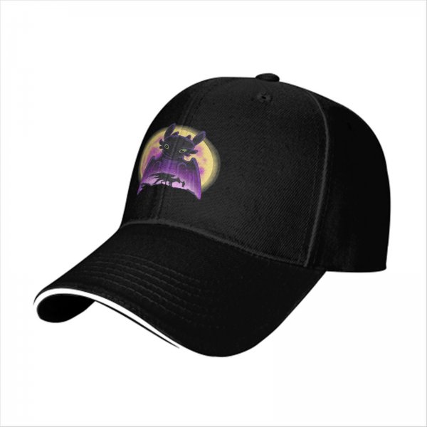 Black baseball cap featuring Toothless dragon and moon graphic