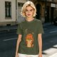 Olive green t-shirt with grumpy fox offering a hug graphic