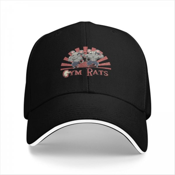 Black baseball cap with muscular gym rats graphic and Gym Rats text