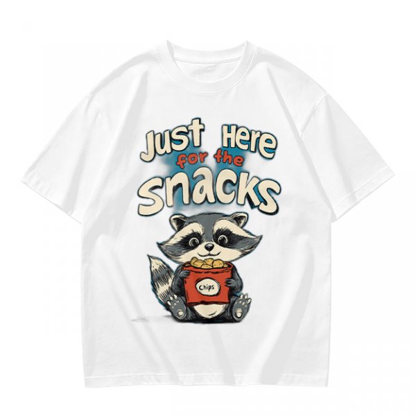 Olive green t-shirt with 'Just Here for the Snacks' and raccoon graphic