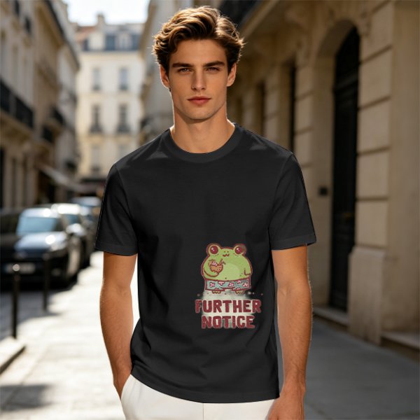 Olive T-Shirt with Cute Frog Graphic and Further Notice Text