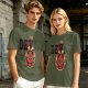 Olive T-Shirt with Red Devil Cat Graphic and The Dev Print