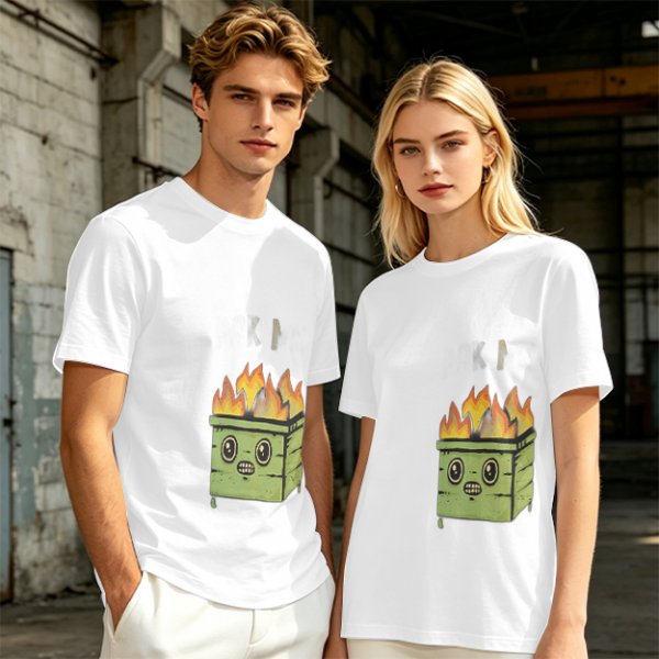 Olive Green T-Shirt With Cartoon Burning Dumpster Graphic