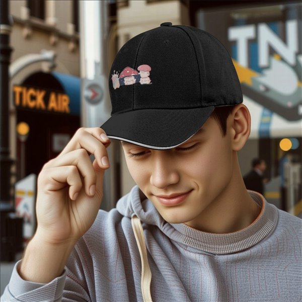 Black baseball cap with cute mushroom creature graphic print