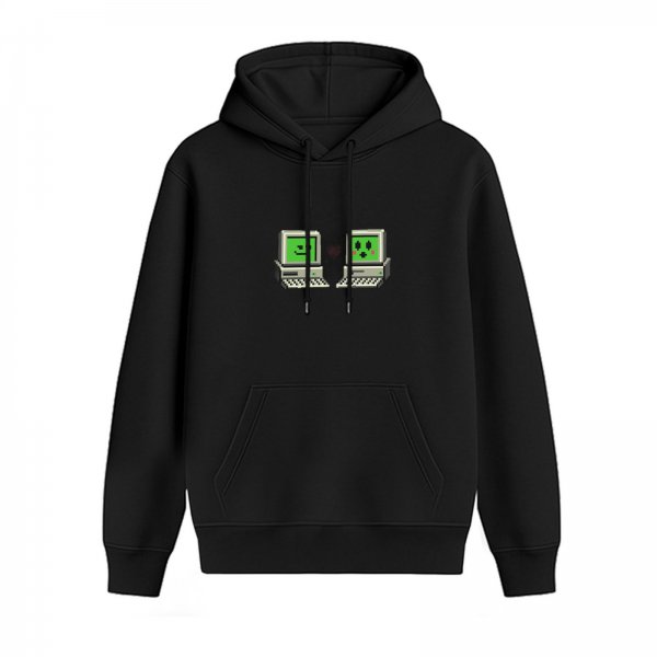 Black hoodie with retro pixel computer characters graphic