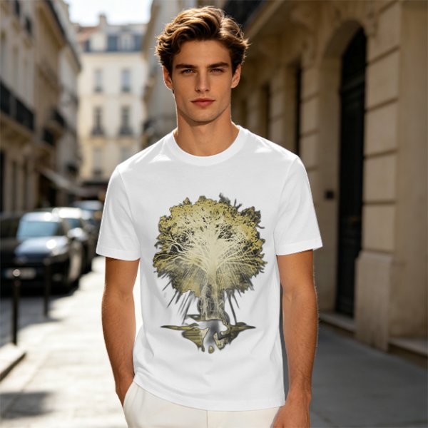 Olive Green T-Shirt With Glowing Tree Reflection Art