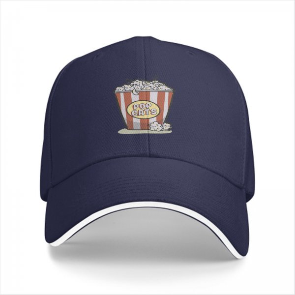 Black baseball cap with popcorn bucket 'POP CATS' graphic