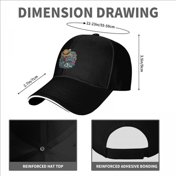 Black Baseball Cap with One Piece Straw Hat Pirate Graphic