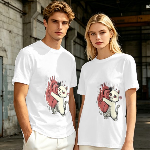 Olive T-Shirt With Cute White Cat Hugging Anatomical Heart Print