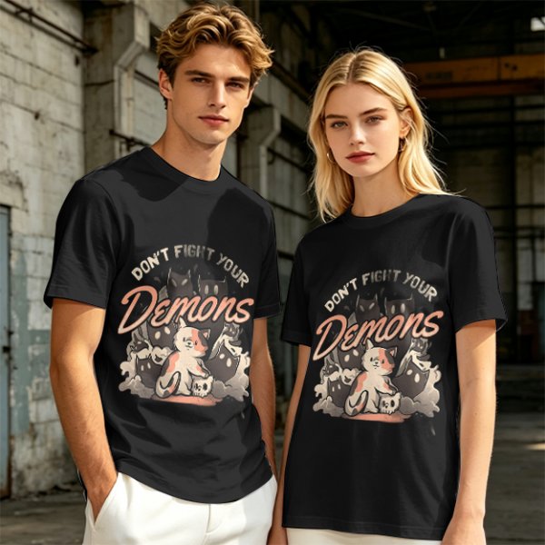 Olive graphic t-shirt with 'Don't Fight Your Demons' cat art