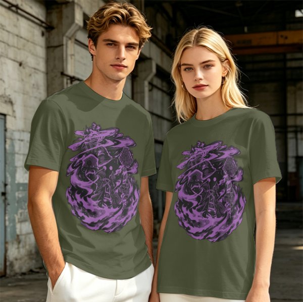 Olive Green T-Shirt with Purple Abstract Swirling Graphic Print