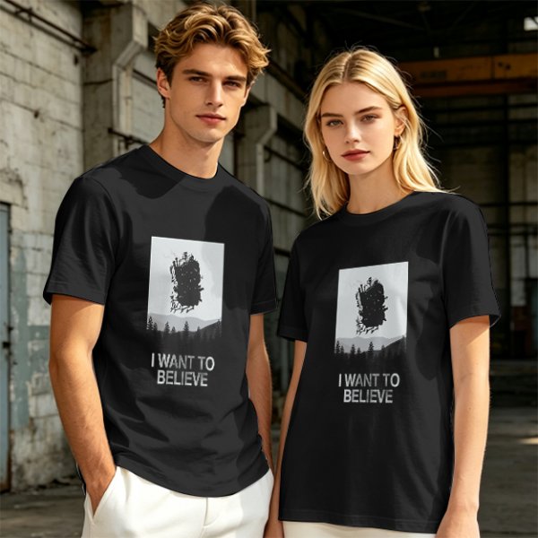 Olive t-shirt with 'I Want To Believe' UFO landscape print