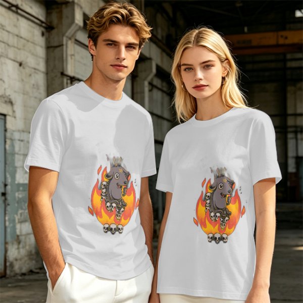 Olive T-Shirt With Cartoon Goat On Flames And Skulls Print