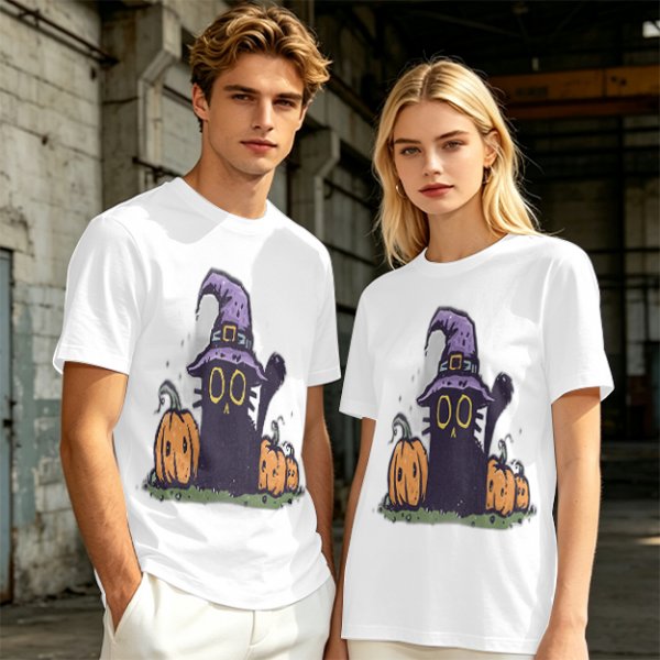 Olive Halloween T-Shirt with Black Cat Witch and Pumpkins