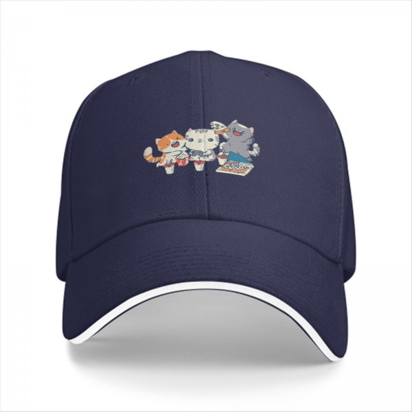 Black Baseball Cap With Cute Cats Eating Pizza Design