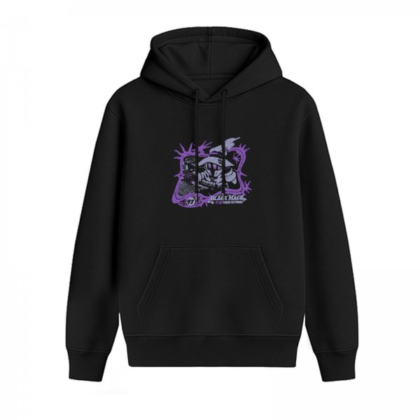 Black Graphic Print Black Hoodie With Purple Accent Design