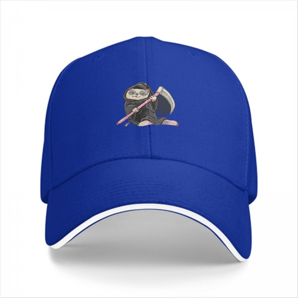 Black baseball cap with a cartoon grim reaper sloth graphic