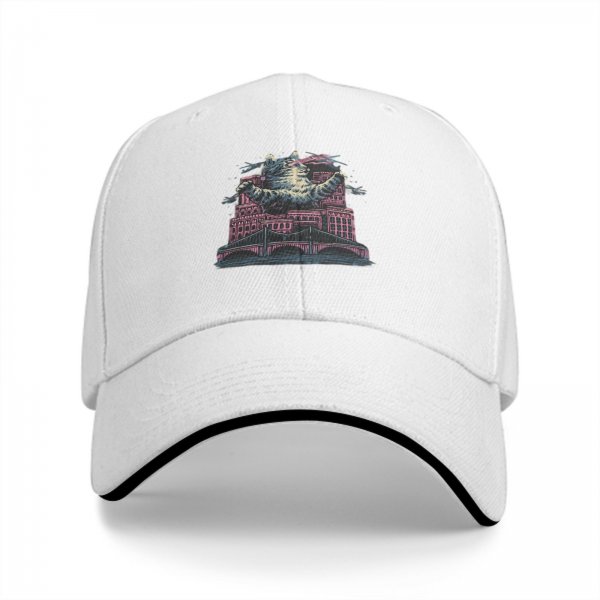 Black Baseball Cap With Giant Monster Cat Cityscape Art Print