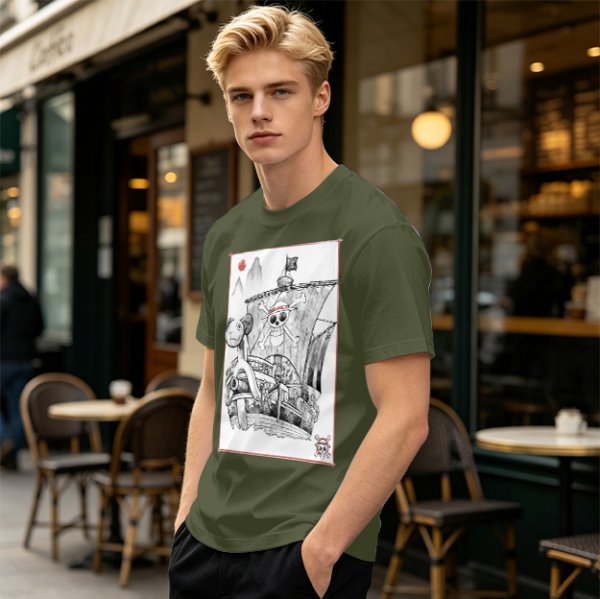 Olive T-shirt with Straw Hat Pirate Ship Art Print