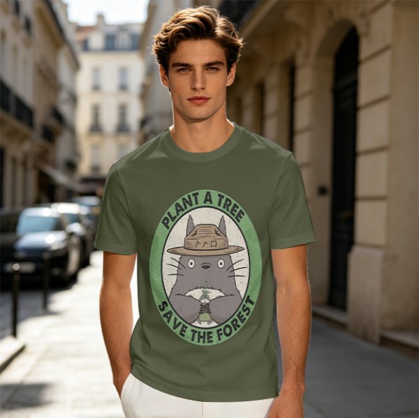 Olive green Totoro graphic t-shirt with plant a tree save the forest slogan
