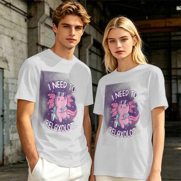 Olive t-shirt with axolotl 'I need to relaxolotl' graphic