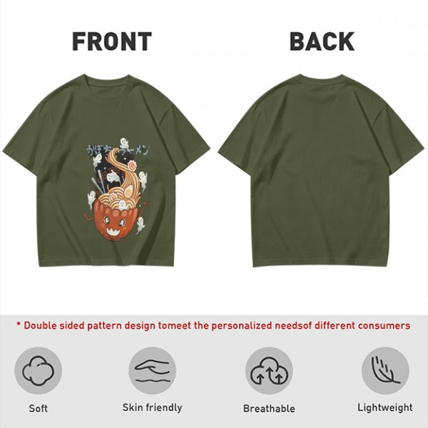 Olive green t-shirt with pumpkin ramen and ghost graphic print