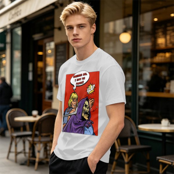 Olive T-shirt with He-Man slapping Skeletor comic print