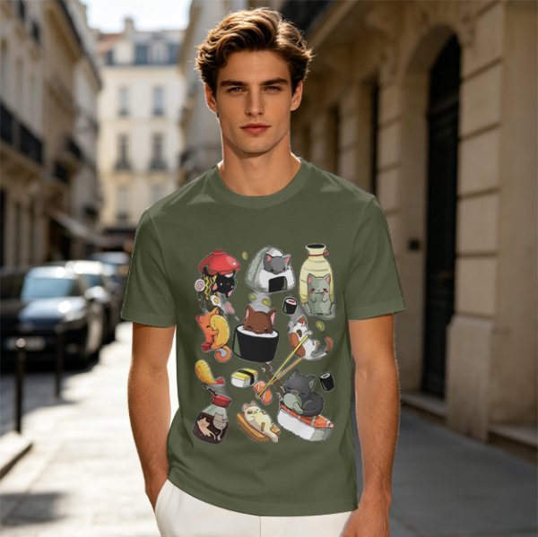 Olive T-Shirt With Cute Sushi Cat Illustrations