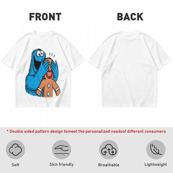 Olive T-shirt with Cookie Monster covering gingerbread man’s eyes
