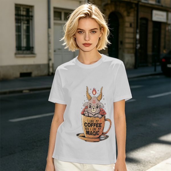 Olive t-shirt with cute Baphomet coffee magic print