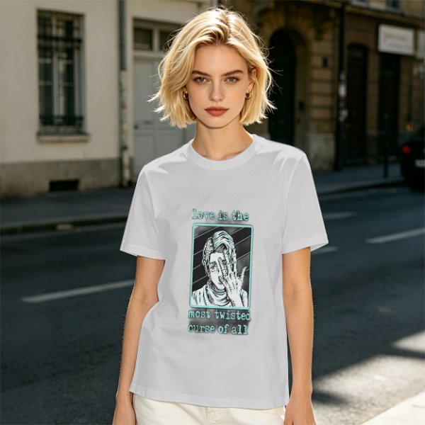 Olive Graphic T-Shirt With Twisted Love Curse Quote And Anime Art