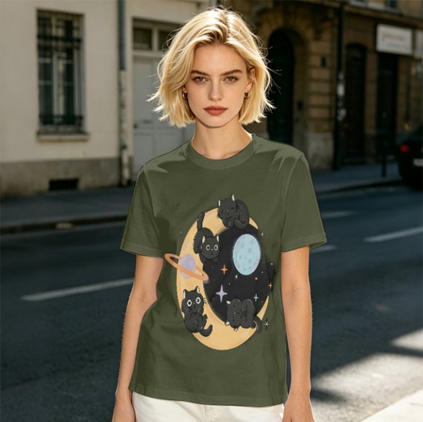 Olive T-Shirt With Black Cats On Crescent Moon Space Print