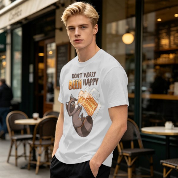Oversized olive t-shirt with raccoon drinking beer graphic