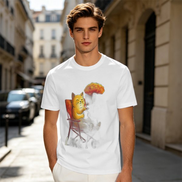Olive T-Shirt Featuring a Relaxed Cat on a Chair with Fried Chicken Print