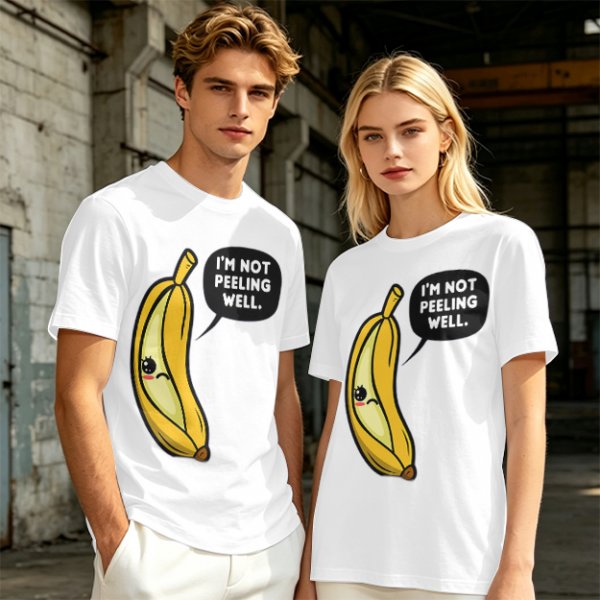 Olive T-shirt with sad banana graphic reading I'm not peeling well