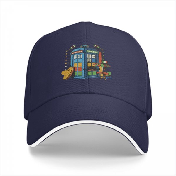 Black baseball cap with Mexican themed TARDIS graphic