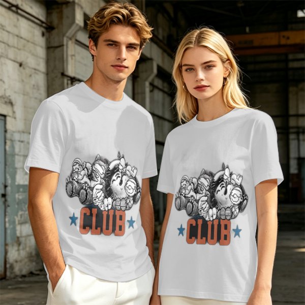 Olive T-Shirt With Cartoon Characters And 'CLUB' Graphic Print