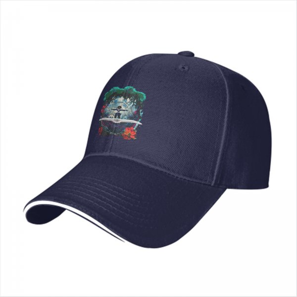 Black Baseball Cap With Fantasy Forest Figure And Red Floral Print